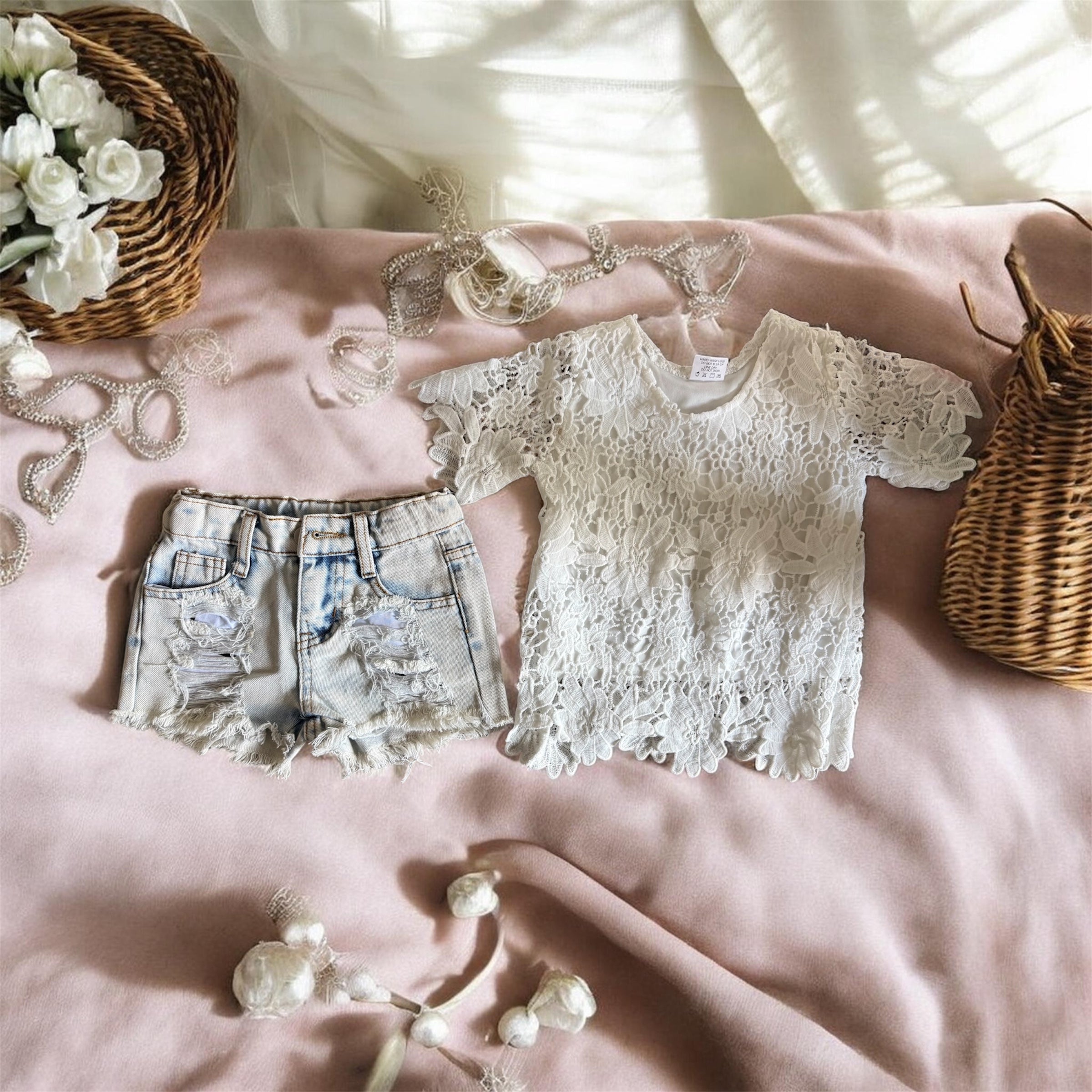 Denim Shorts and Lace Shirt Set