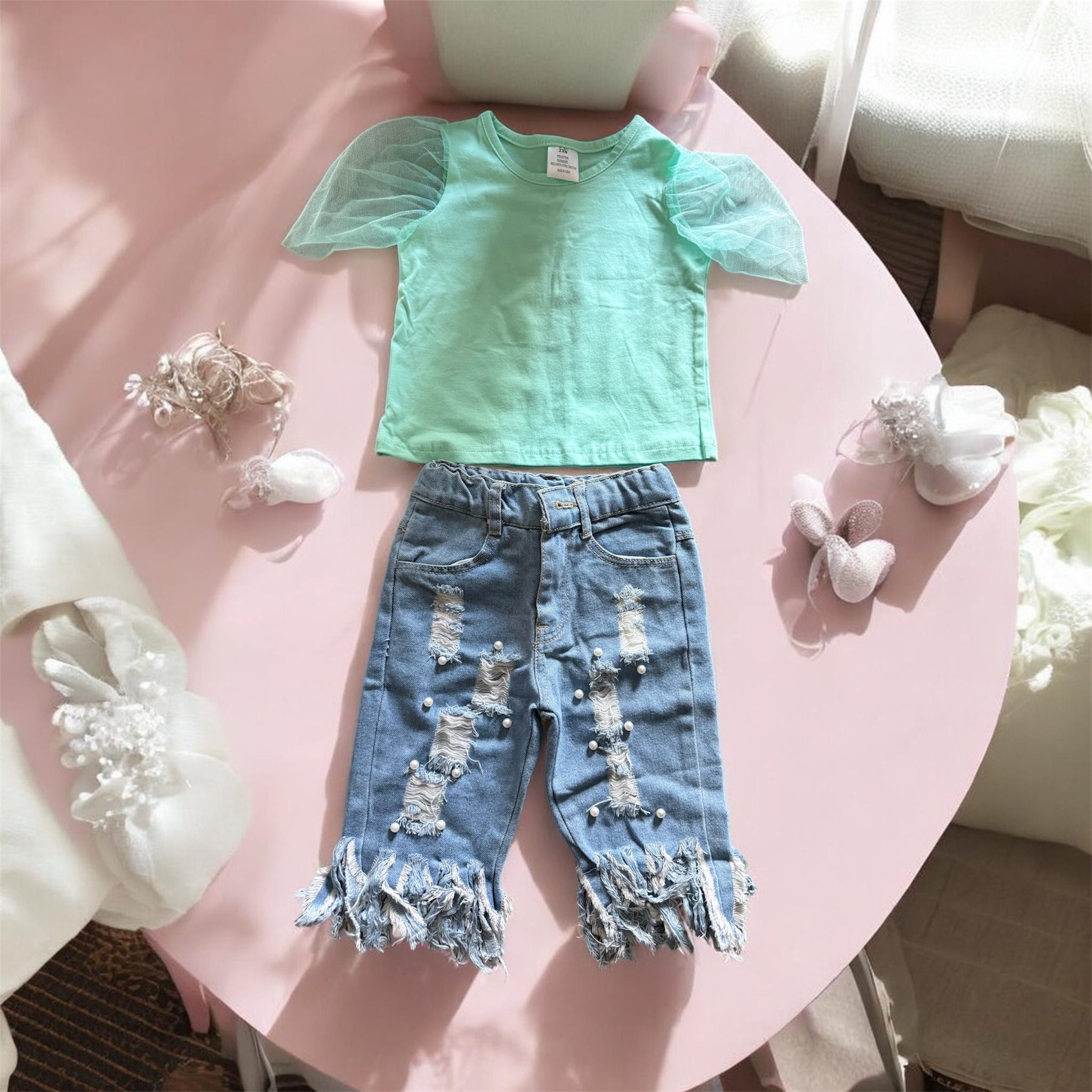 Distressed Jeans and Mint Shirt Set